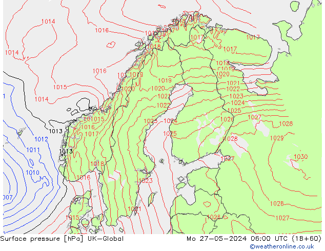 Surface pressure UK-Global Mo 27.05.2024 06 UTC