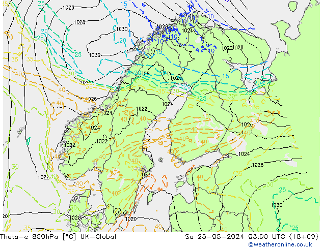 Theta-e 850hPa UK-Global sam 25.05.2024 03 UTC