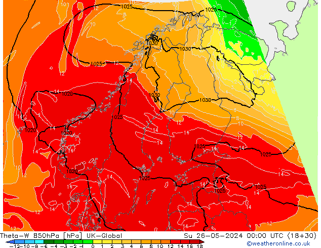 Theta-W 850hPa UK-Global dom 26.05.2024 00 UTC