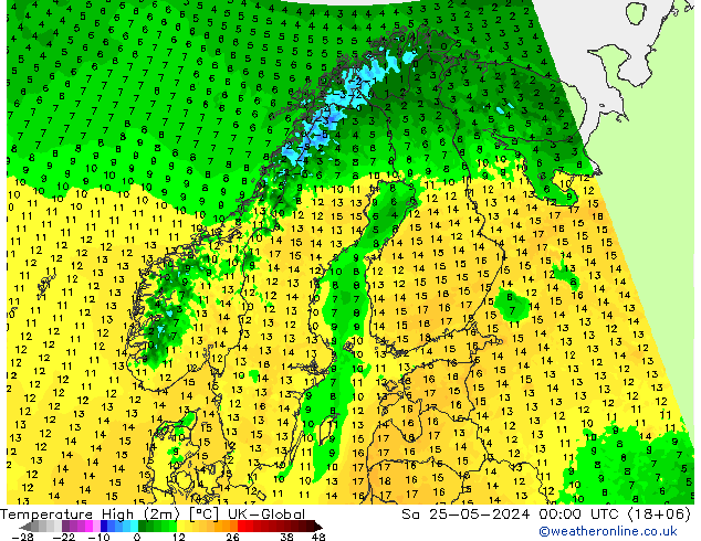 Temperature High (2m) UK-Global Sa 25.05.2024 00 UTC