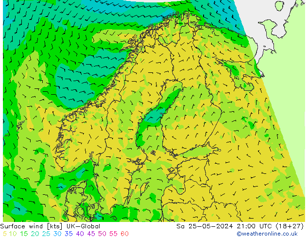 Wind 10 m UK-Global za 25.05.2024 21 UTC