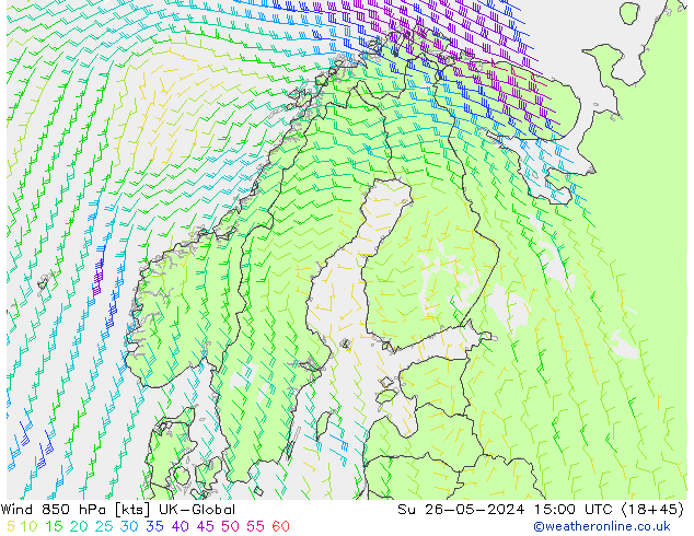 Wind 850 hPa UK-Global Su 26.05.2024 15 UTC