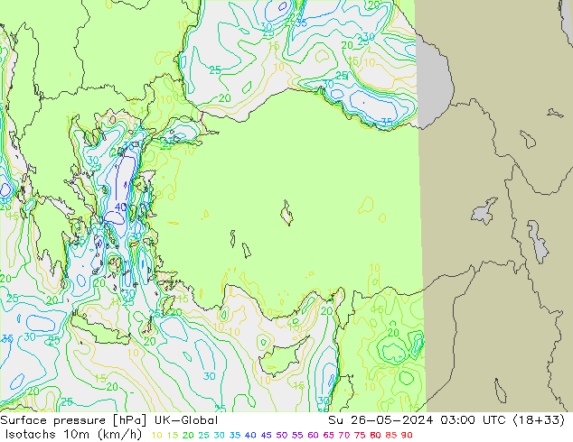 Isotachs (kph) UK-Global Dom 26.05.2024 03 UTC