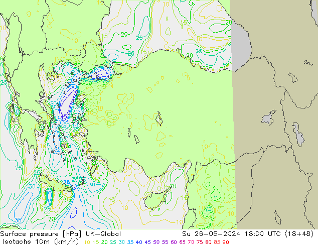 Isotachs (kph) UK-Global dim 26.05.2024 18 UTC