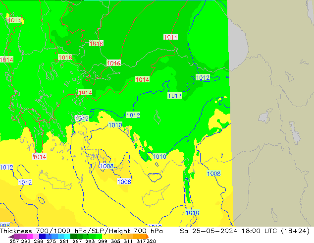 Thck 700-1000 hPa UK-Global So 25.05.2024 18 UTC
