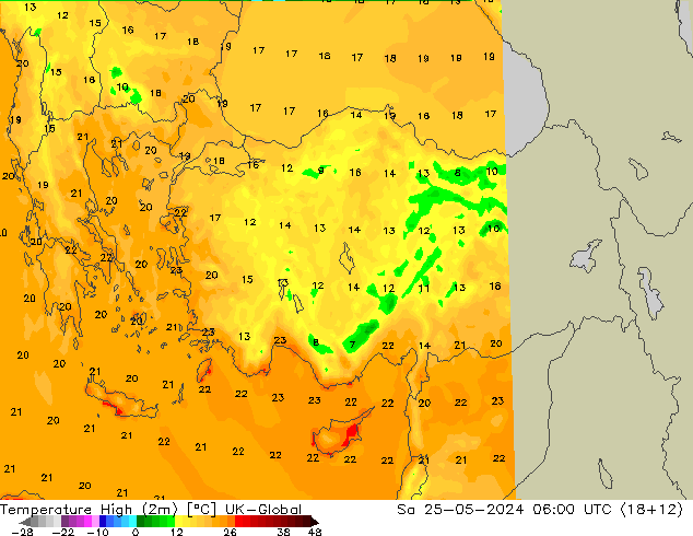 température 2m max UK-Global sam 25.05.2024 06 UTC