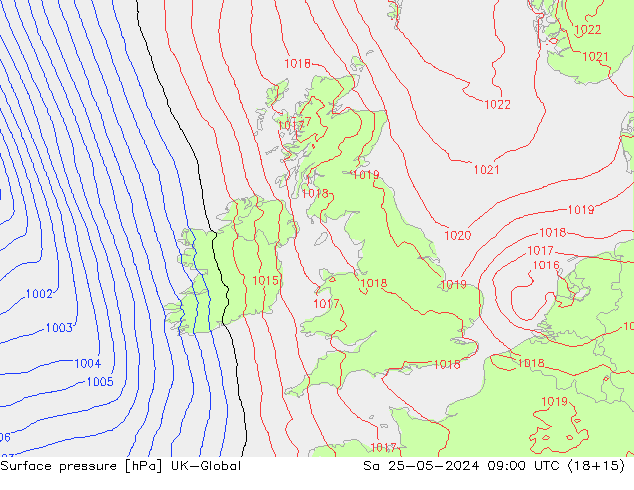 Pressione al suolo UK-Global sab 25.05.2024 09 UTC