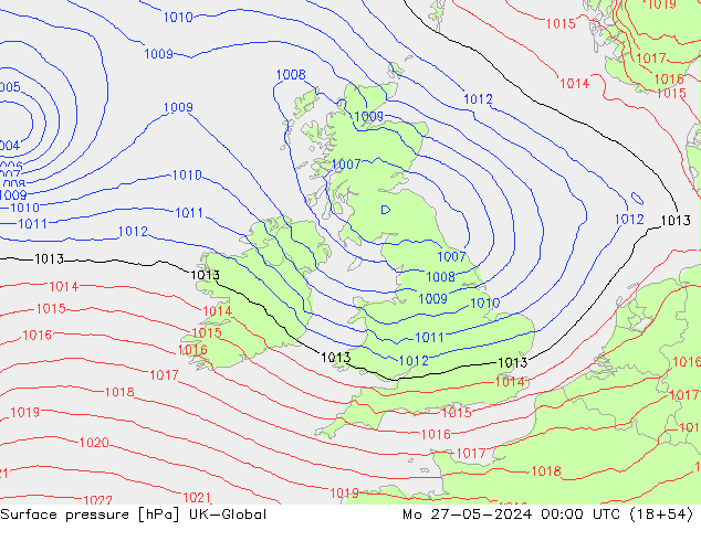 Surface pressure UK-Global Mo 27.05.2024 00 UTC