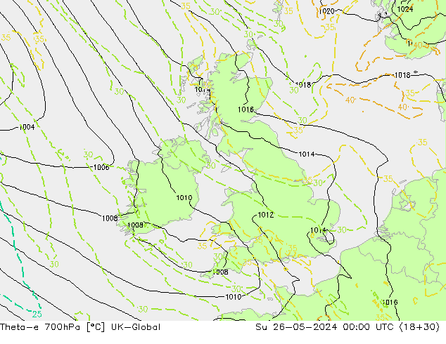 Theta-e 700hPa UK-Global dom 26.05.2024 00 UTC