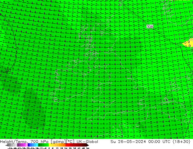 Height/Temp. 700 hPa UK-Global dom 26.05.2024 00 UTC