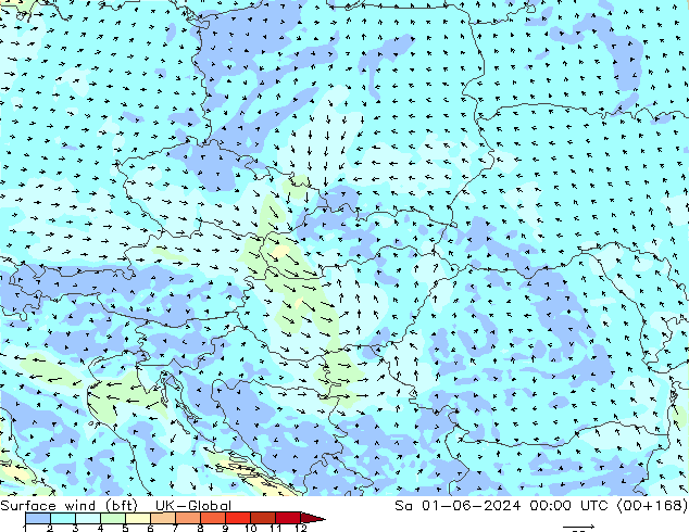 Surface wind (bft) UK-Global Sa 01.06.2024 00 UTC