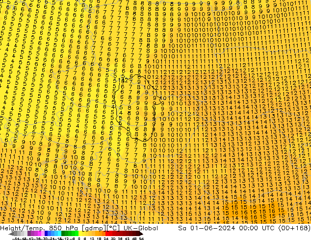 Height/Temp. 850 гПа UK-Global сб 01.06.2024 00 UTC