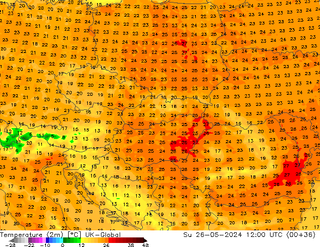 Temperature (2m) UK-Global Su 26.05.2024 12 UTC