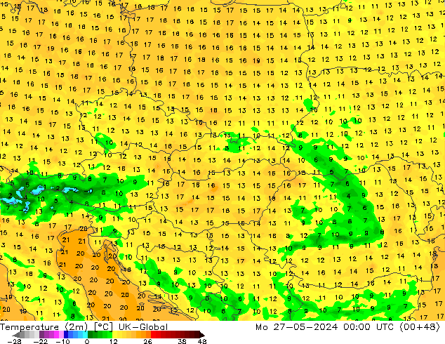 Sıcaklık Haritası (2m) UK-Global Pzt 27.05.2024 00 UTC