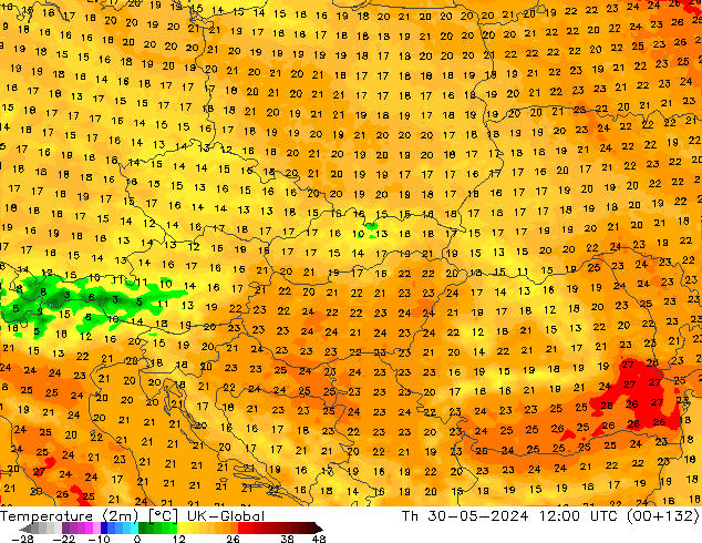 Temperature (2m) UK-Global Th 30.05.2024 12 UTC