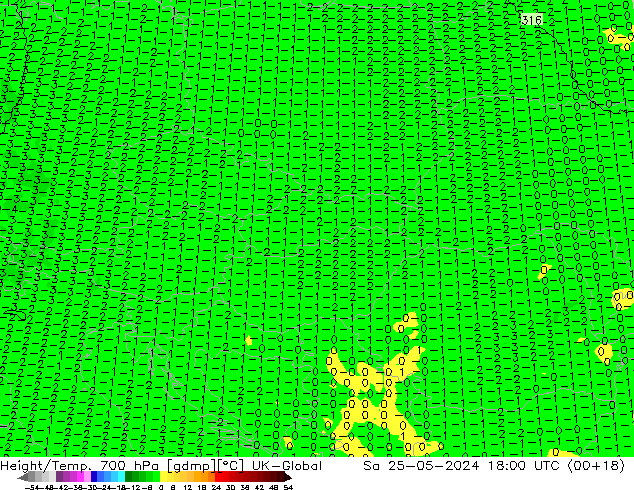 Height/Temp. 700 hPa UK-Global  25.05.2024 18 UTC