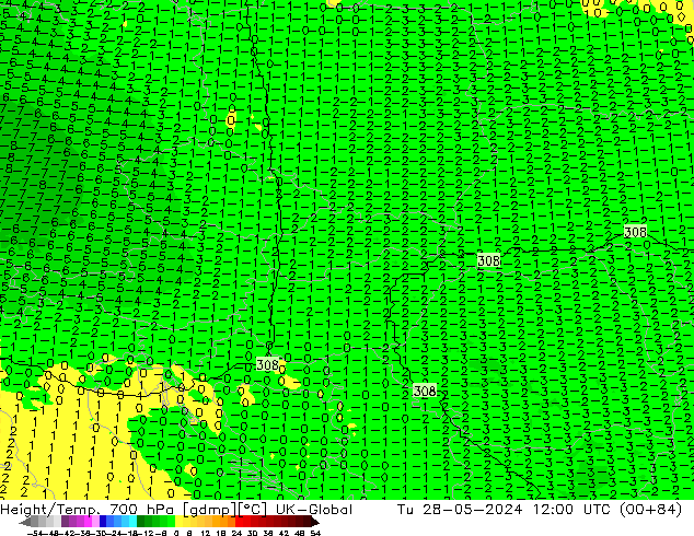 Geop./Temp. 700 hPa UK-Global mar 28.05.2024 12 UTC