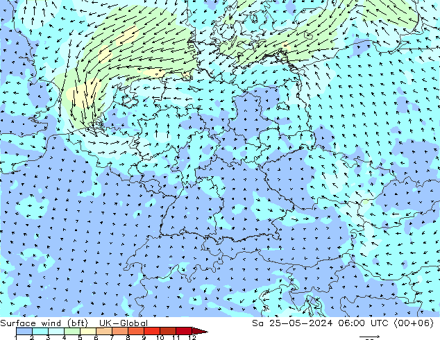 Vent 10 m (bft) UK-Global sam 25.05.2024 06 UTC