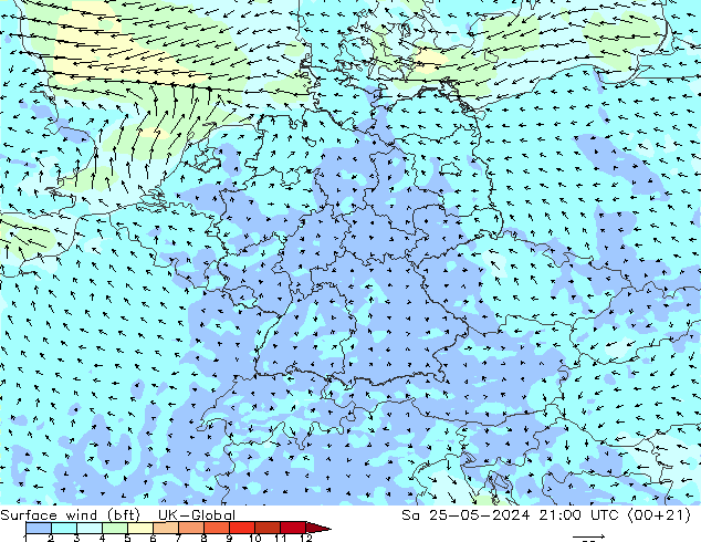 Viento 10 m (bft) UK-Global sáb 25.05.2024 21 UTC