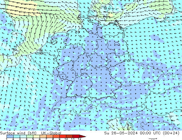 Viento 10 m (bft) UK-Global dom 26.05.2024 00 UTC