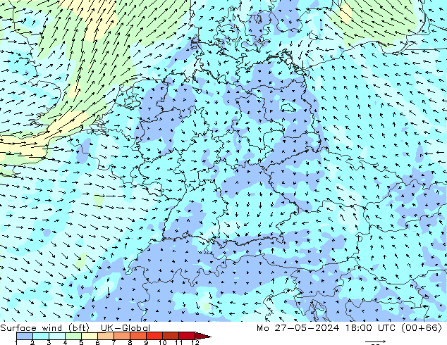 Vent 10 m (bft) UK-Global lun 27.05.2024 18 UTC