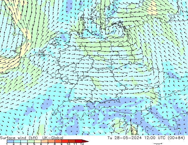 Surface wind (bft) UK-Global Tu 28.05.2024 12 UTC