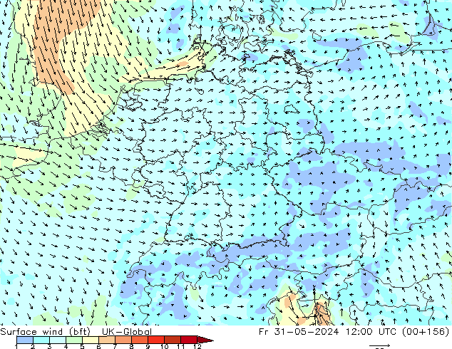 Wind 10 m (bft) UK-Global vr 31.05.2024 12 UTC