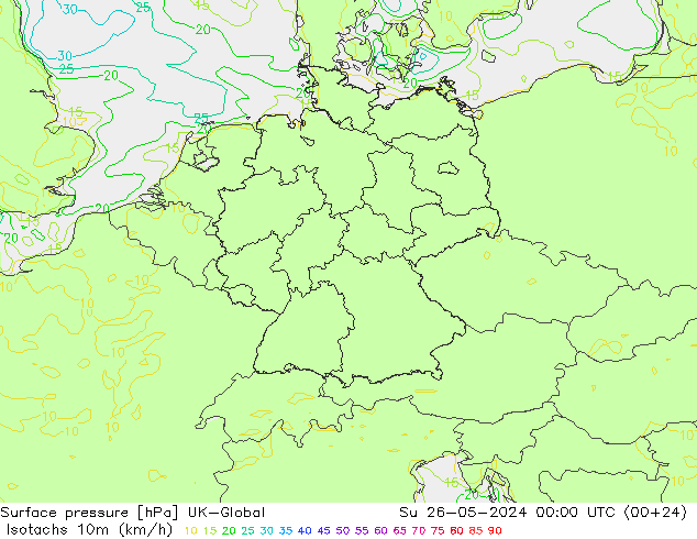 Isotaca (kph) UK-Global dom 26.05.2024 00 UTC