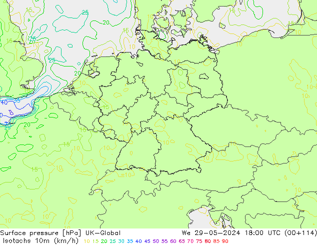 Isotachen (km/h) UK-Global Mi 29.05.2024 18 UTC