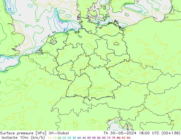 Izotacha (km/godz) UK-Global czw. 30.05.2024 18 UTC