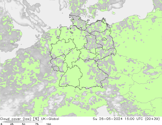 Cloud cover (low) UK-Global Su 26.05.2024 15 UTC