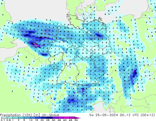 Precipitación (12h) UK-Global sáb 25.05.2024 12 UTC