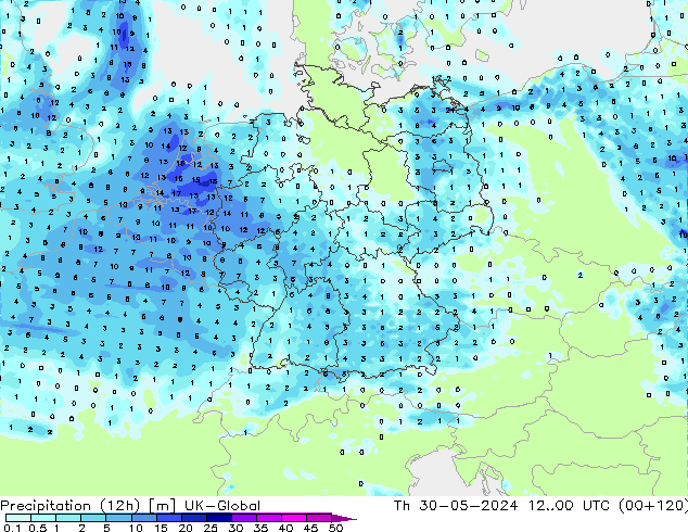 Precipitazione (12h) UK-Global gio 30.05.2024 00 UTC
