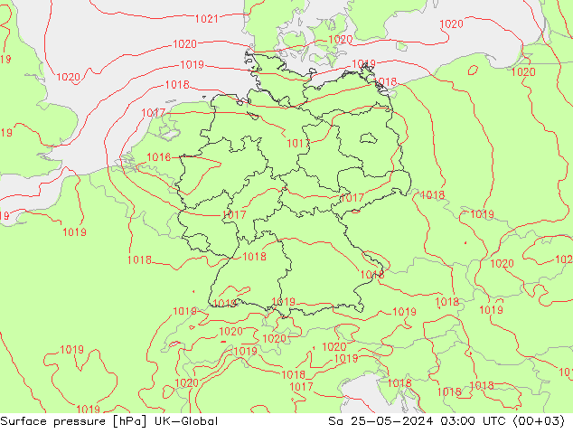 Pressione al suolo UK-Global sab 25.05.2024 03 UTC