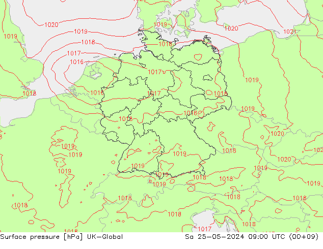 Pressione al suolo UK-Global sab 25.05.2024 09 UTC