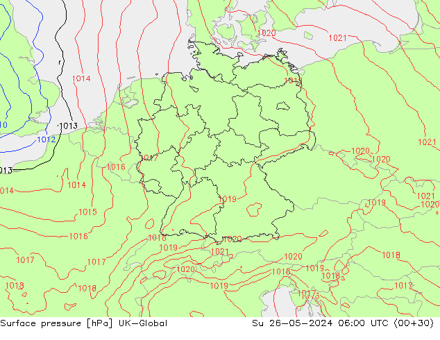 Pressione al suolo UK-Global dom 26.05.2024 06 UTC