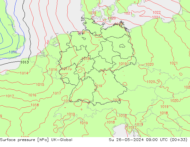 Surface pressure UK-Global Su 26.05.2024 09 UTC