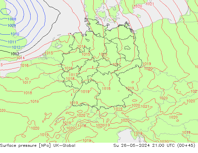 Surface pressure UK-Global Su 26.05.2024 21 UTC