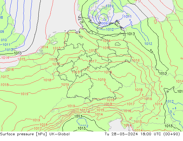 Surface pressure UK-Global Tu 28.05.2024 18 UTC