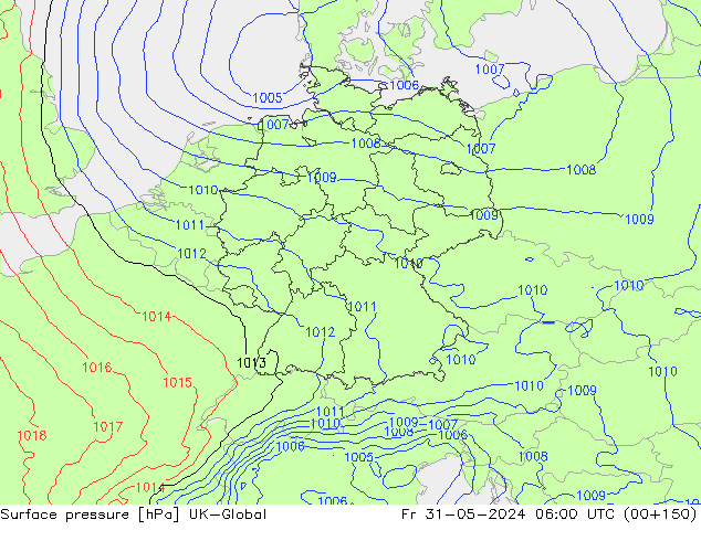 Pressione al suolo UK-Global ven 31.05.2024 06 UTC