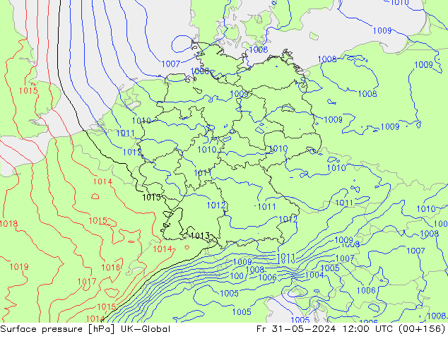 Pressione al suolo UK-Global ven 31.05.2024 12 UTC