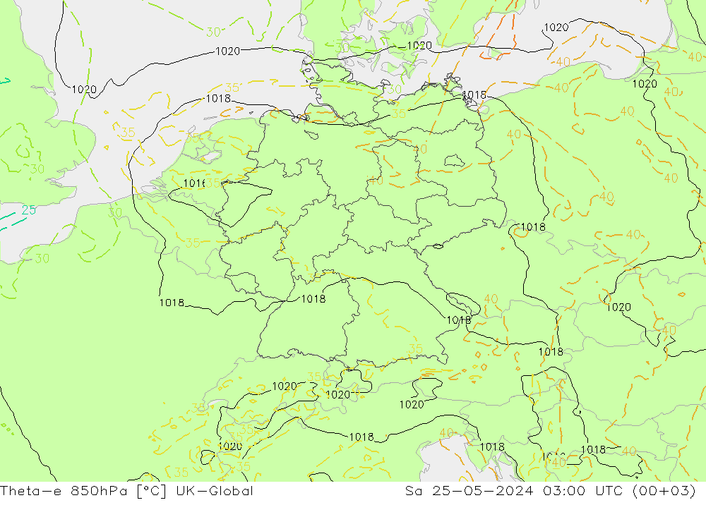 Theta-e 850hPa UK-Global 星期六 25.05.2024 03 UTC