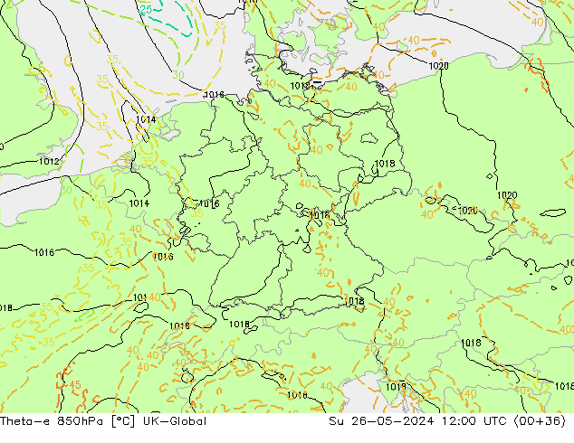 Theta-e 850hPa UK-Global Ne 26.05.2024 12 UTC