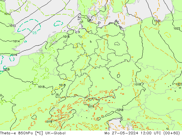 Theta-e 850hPa UK-Global Po 27.05.2024 12 UTC