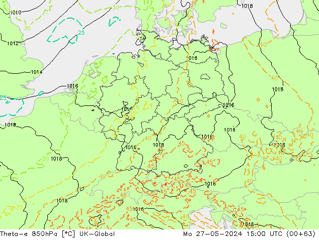 Theta-e 850hPa UK-Global pon. 27.05.2024 15 UTC