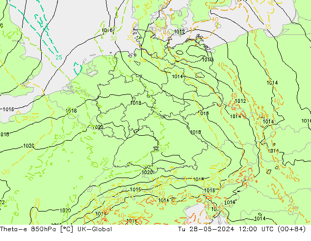 Theta-e 850hPa UK-Global Út 28.05.2024 12 UTC