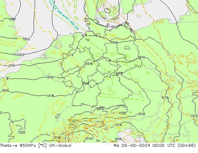 Theta-e 850hPa UK-Global śro. 29.05.2024 00 UTC