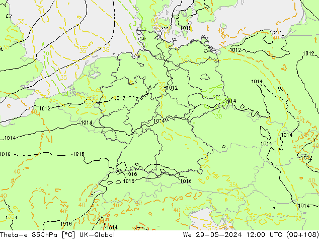 Theta-e 850hPa UK-Global Çar 29.05.2024 12 UTC