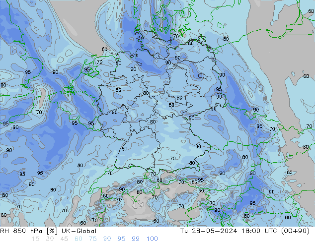 RH 850 гПа UK-Global вт 28.05.2024 18 UTC