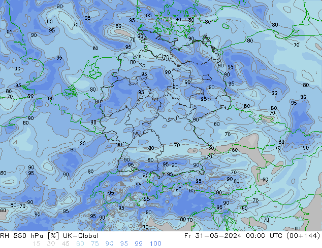 Humedad rel. 850hPa UK-Global vie 31.05.2024 00 UTC